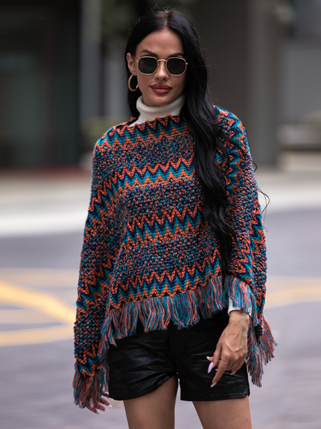 Shiny Fringe Hem Boat Neck Poncho Navy - Fashorio