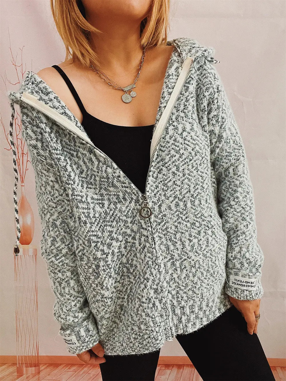 Zip Up Drawstring Long Sleeve Hooded Sweater - Fashorio