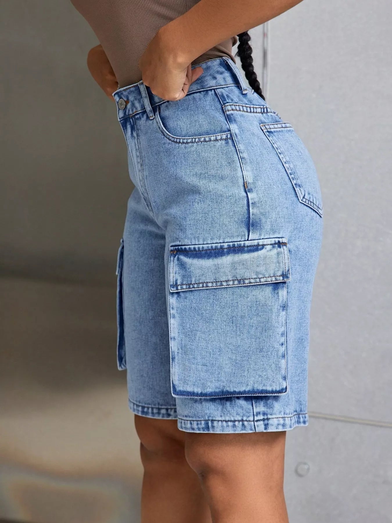 High-Waisted Cargo Denim Shorts - Fashorio