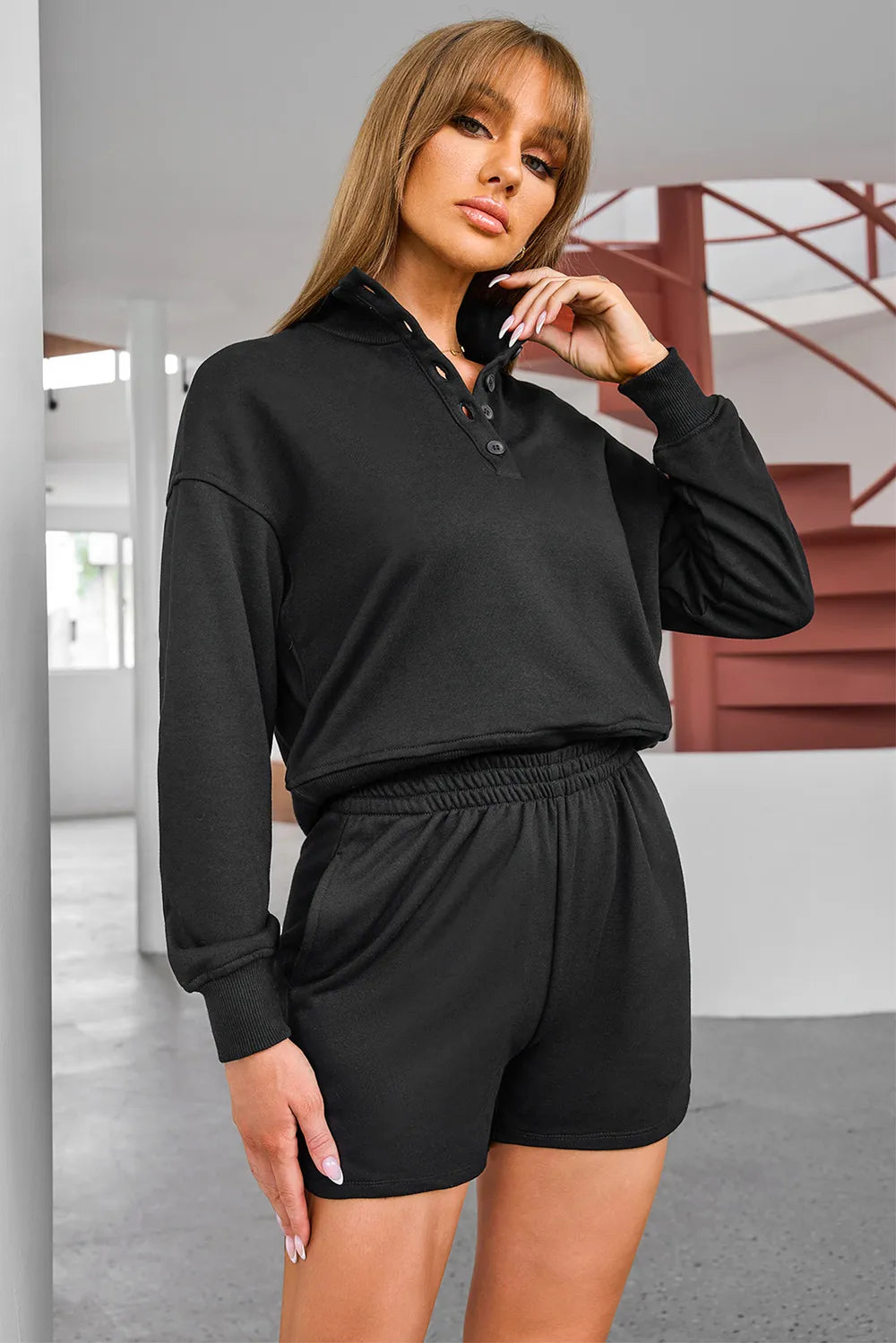 Half Button Sweatshirt and Shorts Active Set - Fashorio