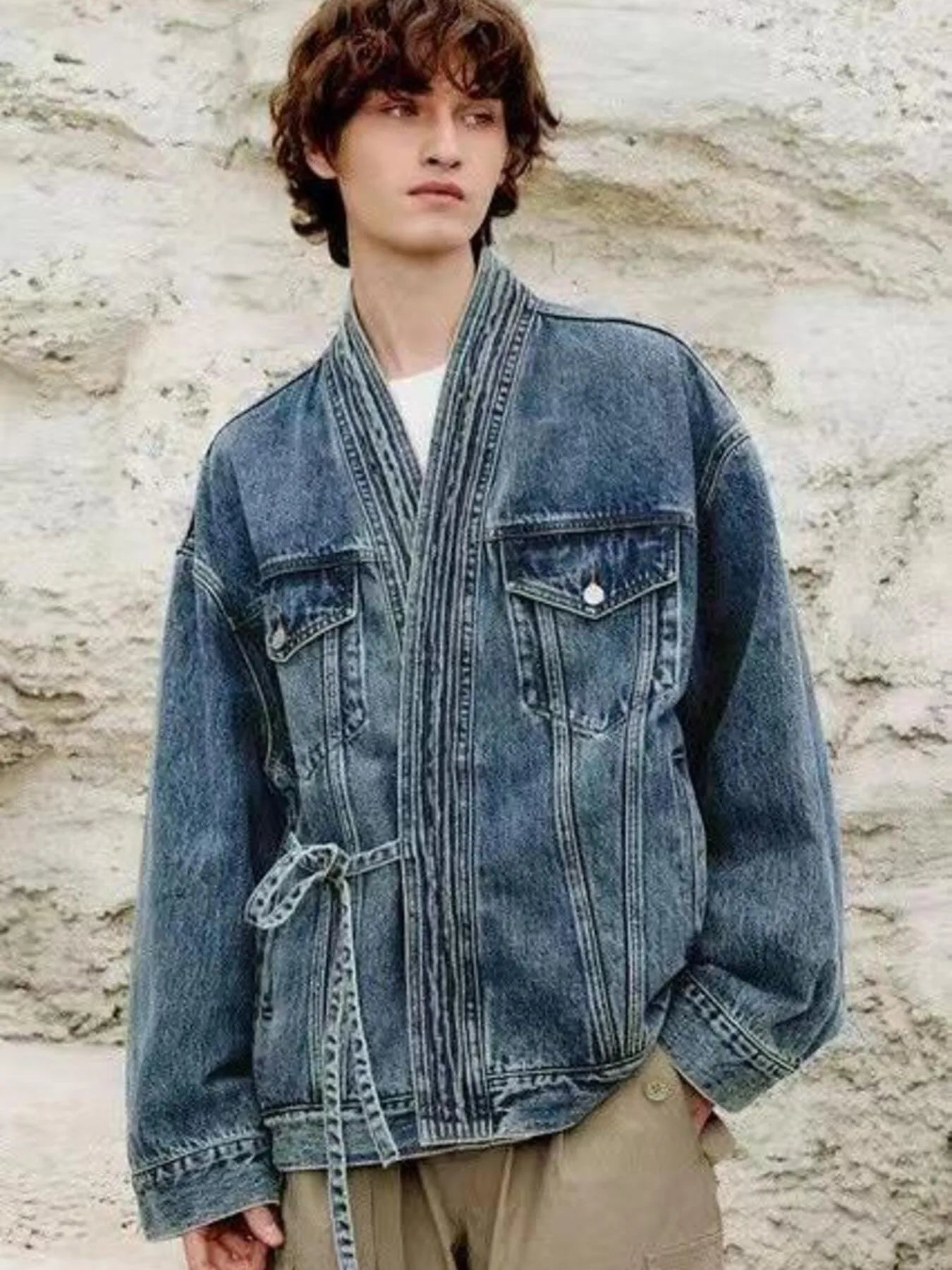 Men's Plus Size Washed Tied Long Sleeve Denim Jacket Light Blue - Fashorio