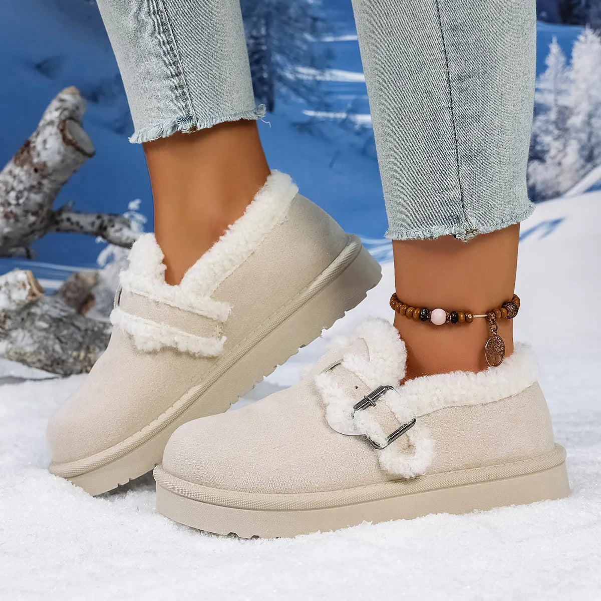 Round Toe Platform Ankle Boots Beige - Fashorio