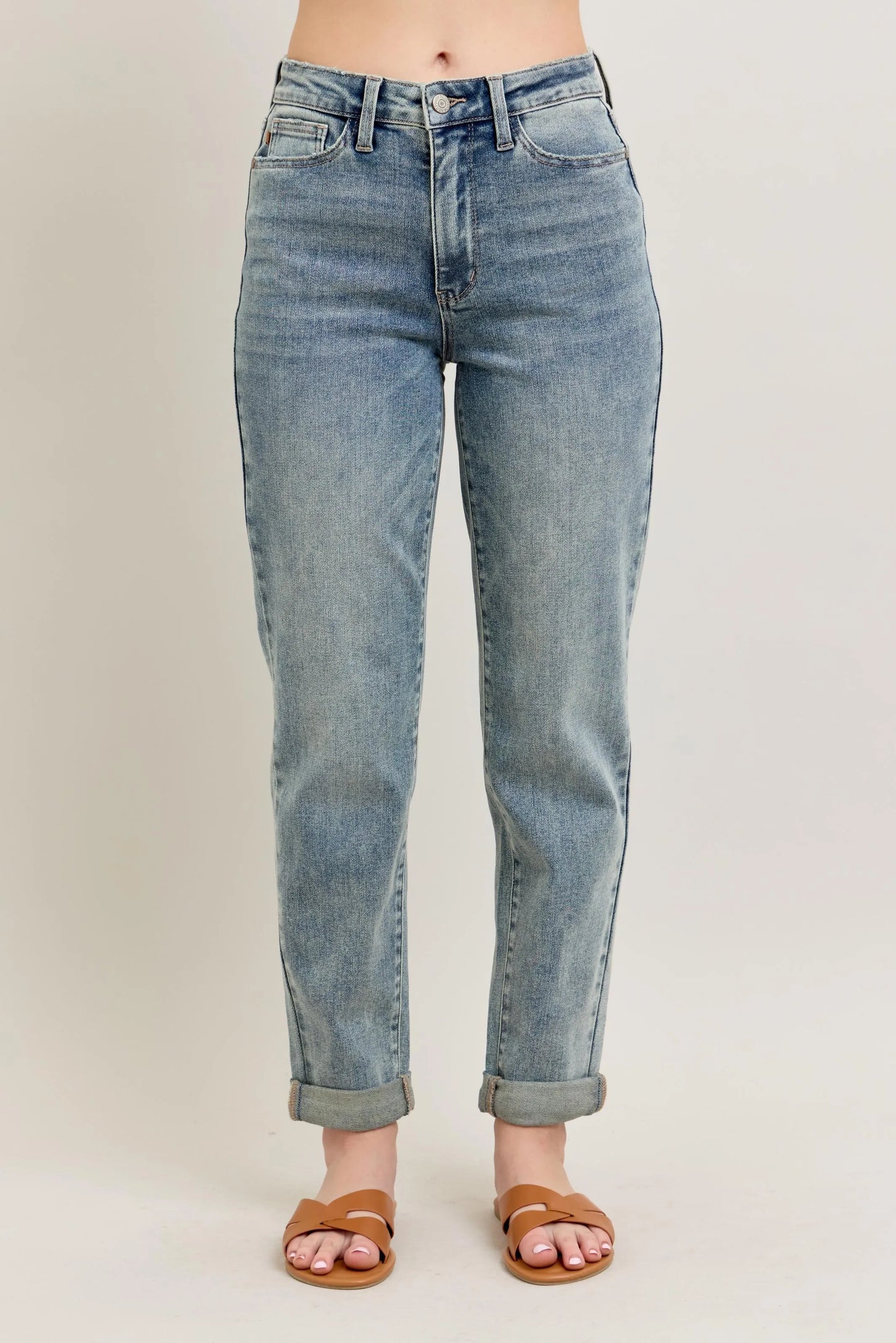 Judy Blue Full Size Hw Vintage Wash Double Roll Cuff Bf Jeans Plus Size MD - Fashorio