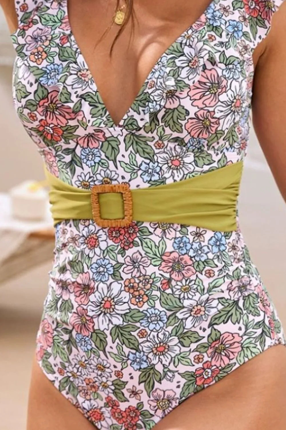Ruffled Plunge Floral One-Piece Swimwear - Fashorio