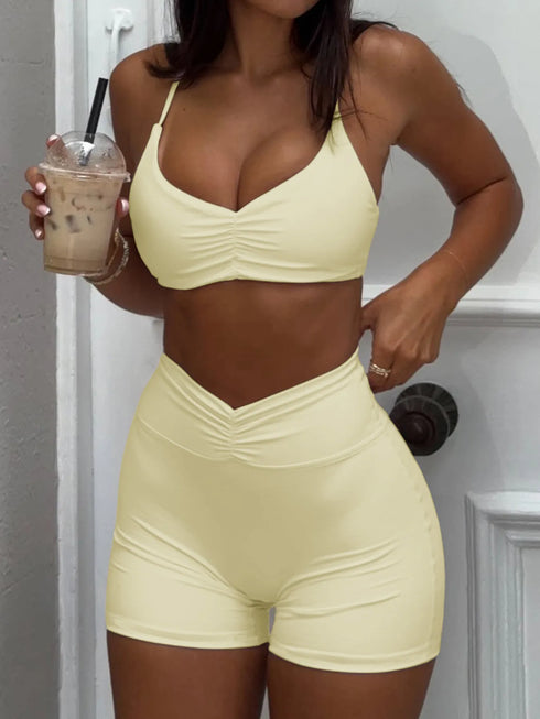 Ruched Sports Bra and High-Waisted Shorts Active Set Yellow - Fashorio