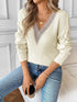 Openwork V-Neck Long Sleeve Sweater - Fashorio