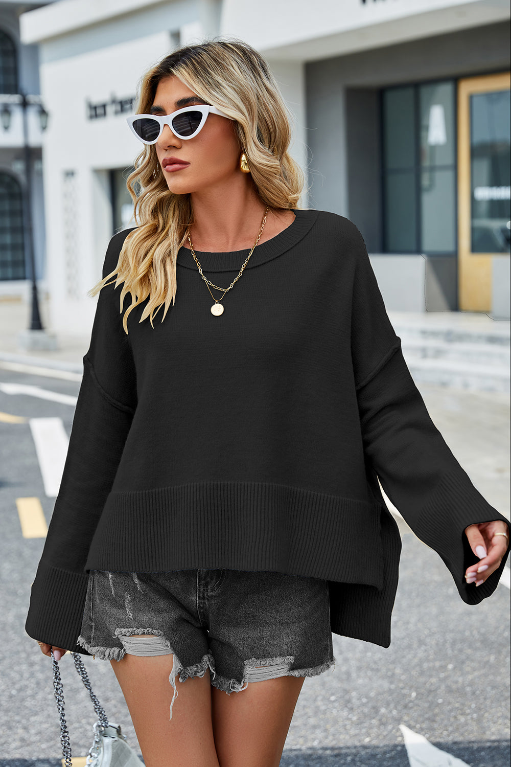 Round Neck Dropped Shoulder Slit Sweater - Fashorio