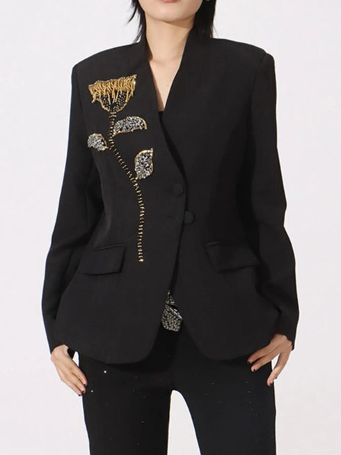 Flower Button Front Long Sleeve Blazer - Fashorio