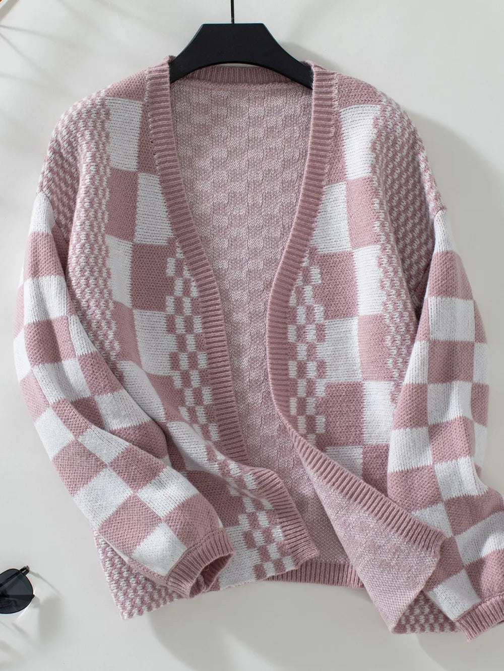 Double Take Checkered Open Front Dropped Shoulder Cardigan Dusty Pink - Fashorio