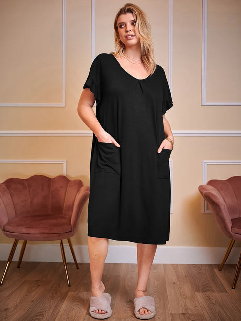 Plus Size Round Neck Short Sleeve Lounge Dress Black - Fashorio
