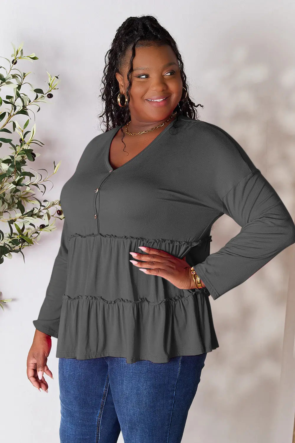 Double Take Half Button Long Sleeve Ruffle Hem Blouse - Fashorio