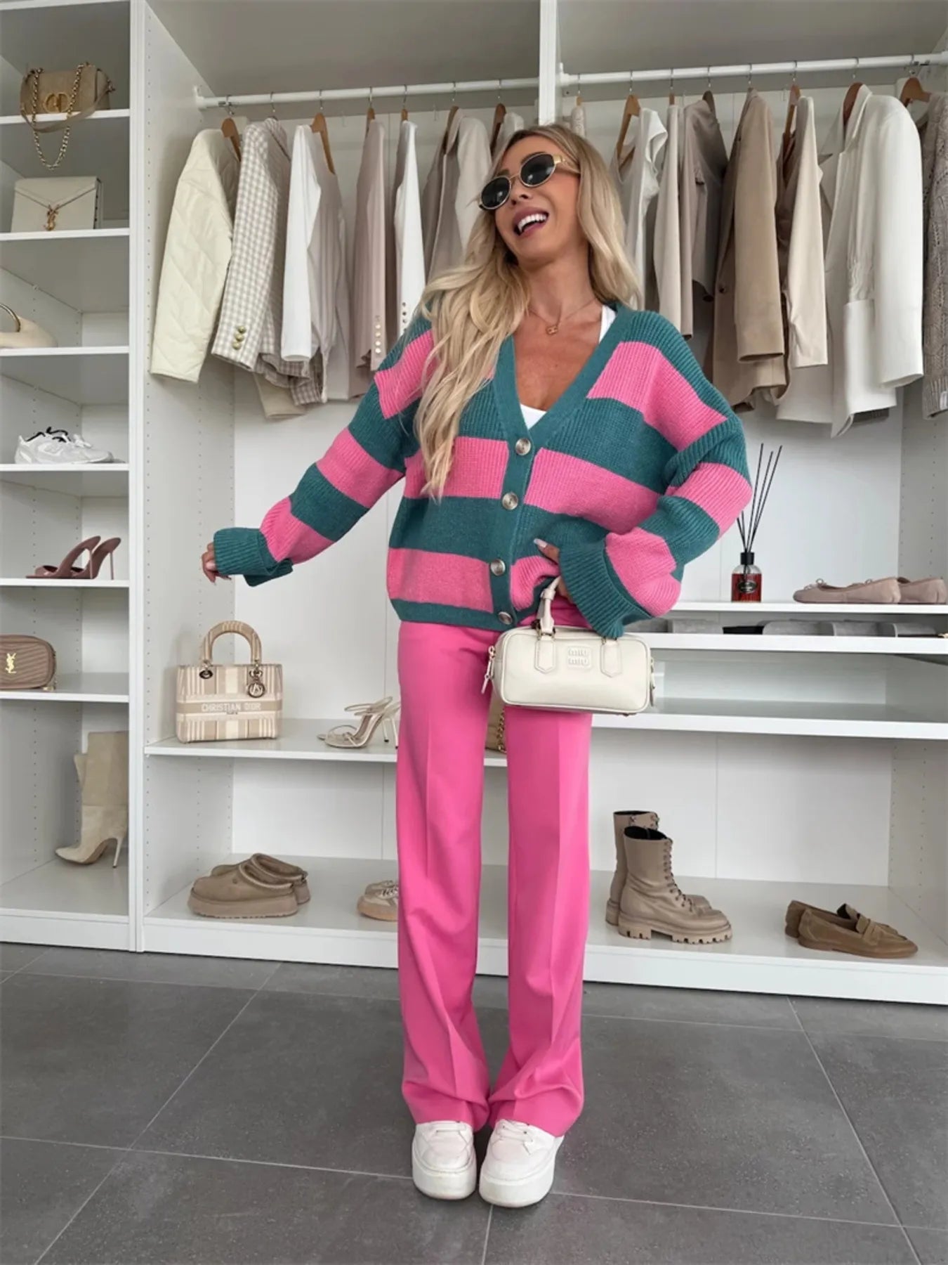 Color Block Striped V-Neck Button Front Cardigan Pink Blue - Fashorio