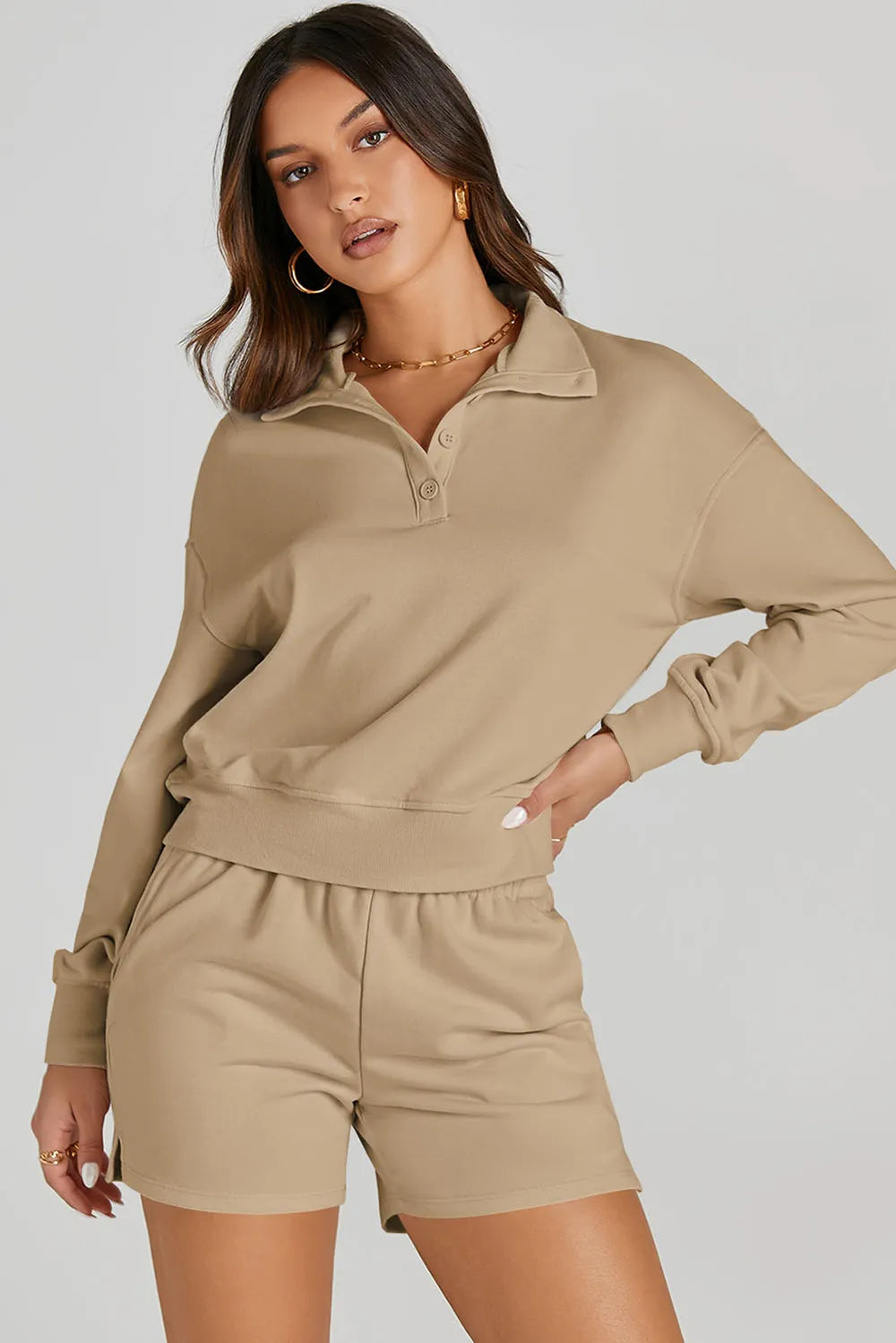 Half Button Sweatshirt and Shorts Active Set Tan - Fashorio