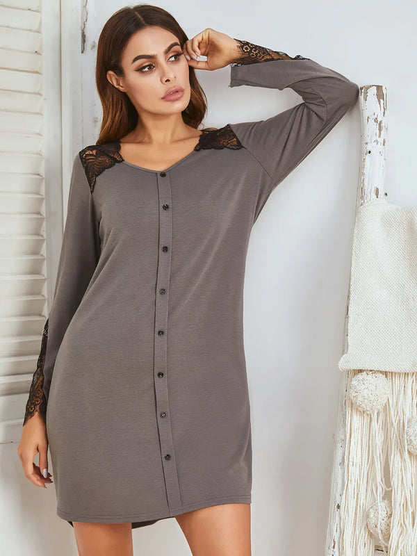 Lace Detail Long Sleeve Mini Lounge Dress Dark Gray - Fashorio