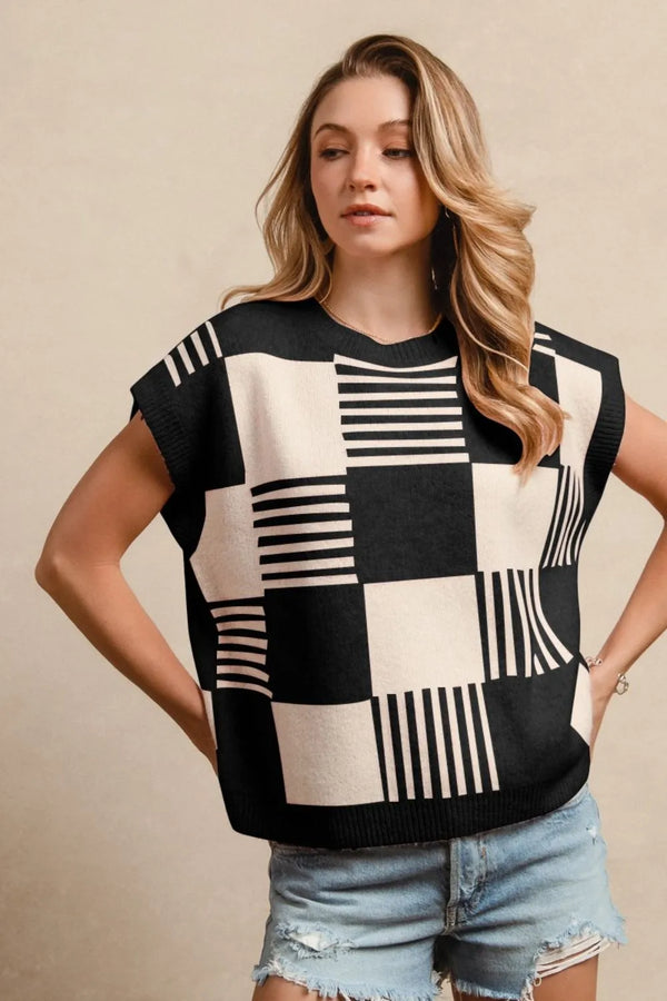 BiBi Checker With Stripes Pattern Sleeveless Sweater BLACK IVORY - Fashorio