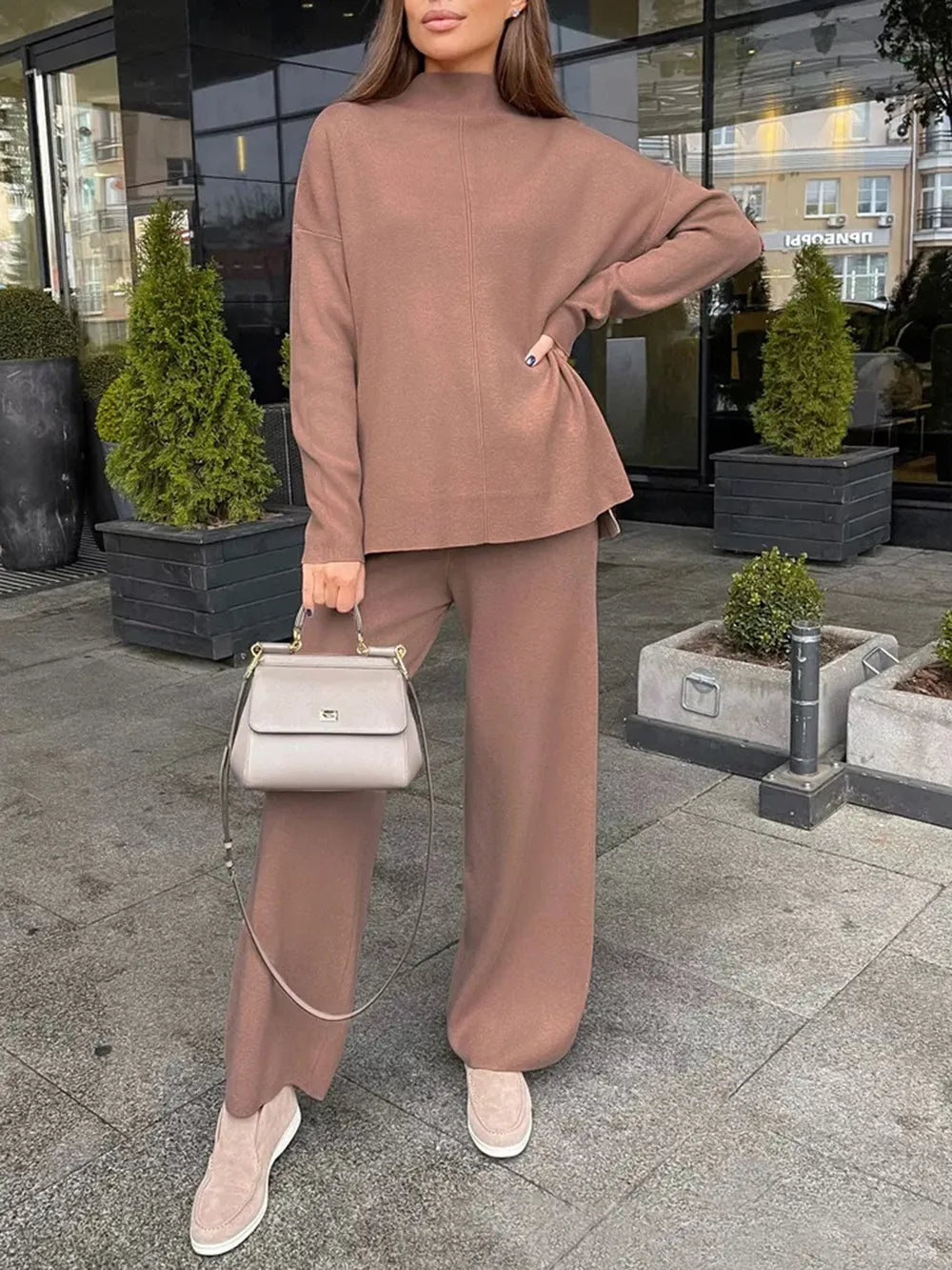 Slit Mock Neck Top and Pants Sweater Set - Fashorio