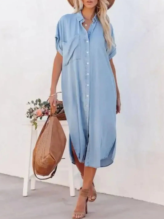 Button Down Denim Midi Shirt Dress 1907 Color - Fashorio