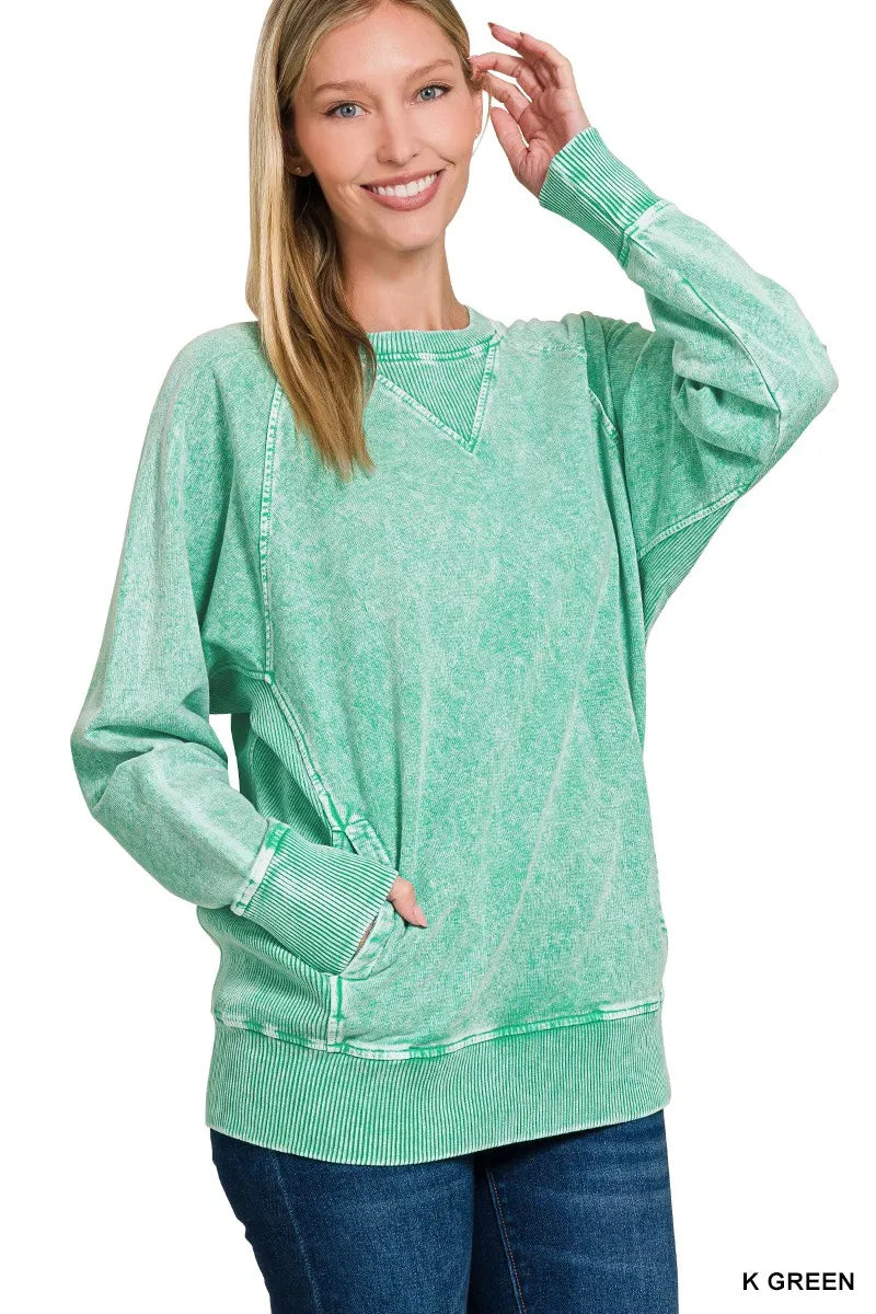 Zenana Halo Snow Washed French Terry Round Neck Sweatshirt K GREEN - Fashorio
