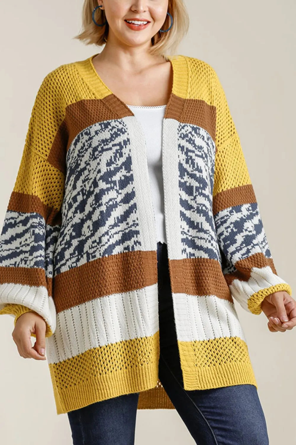 Umgee Full Size Color Block Open Front Longline Cardigan Plus Size - Fashorio