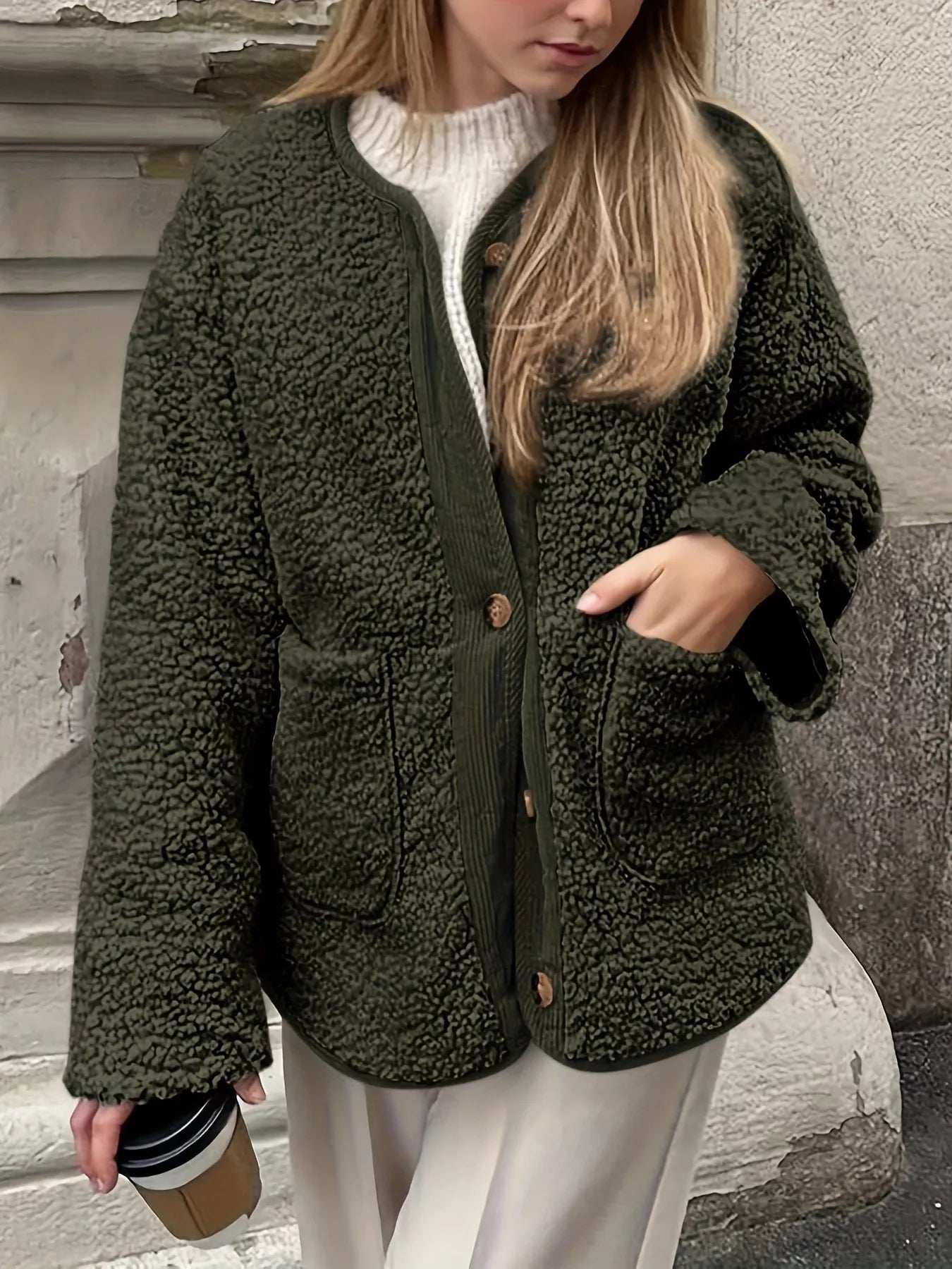 Sherpa Button-Up Outerwear Army Green - Fashorio