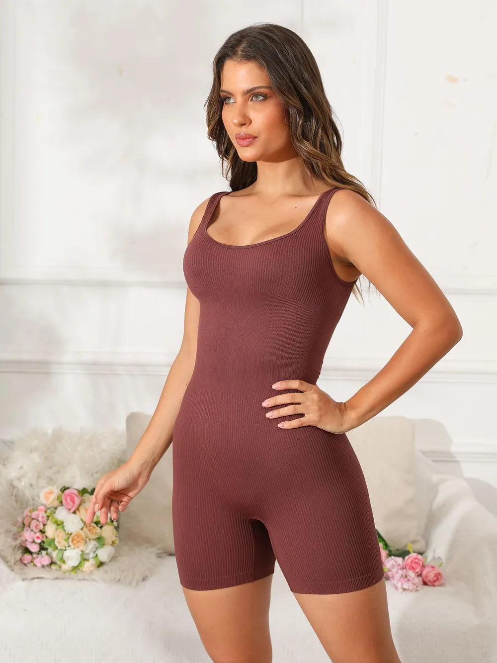 Scoop Neck Wide Strap Active Romper Dark Brown - Fashorio