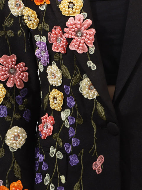 Pearl Detail Flower Lapel Collar Blazer - Fashorio