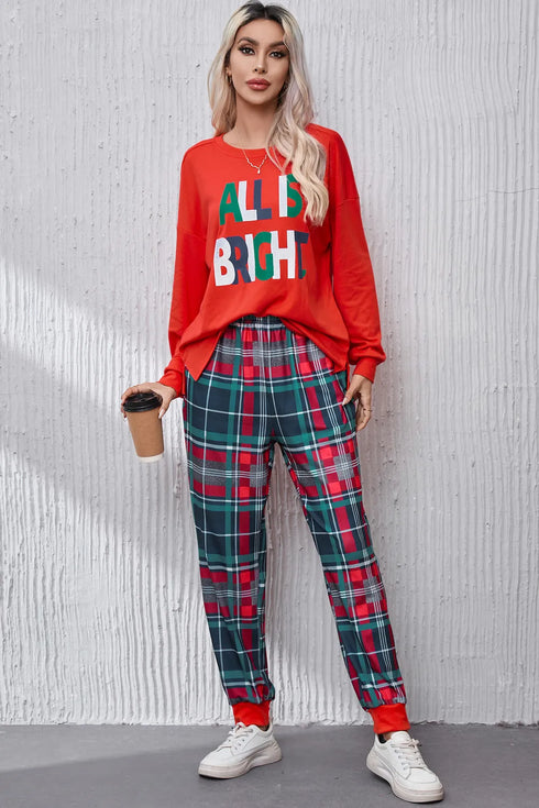 ALL IS BRIGHT Round Neck Top and Plaid Pants Lounge Set - Fashorio