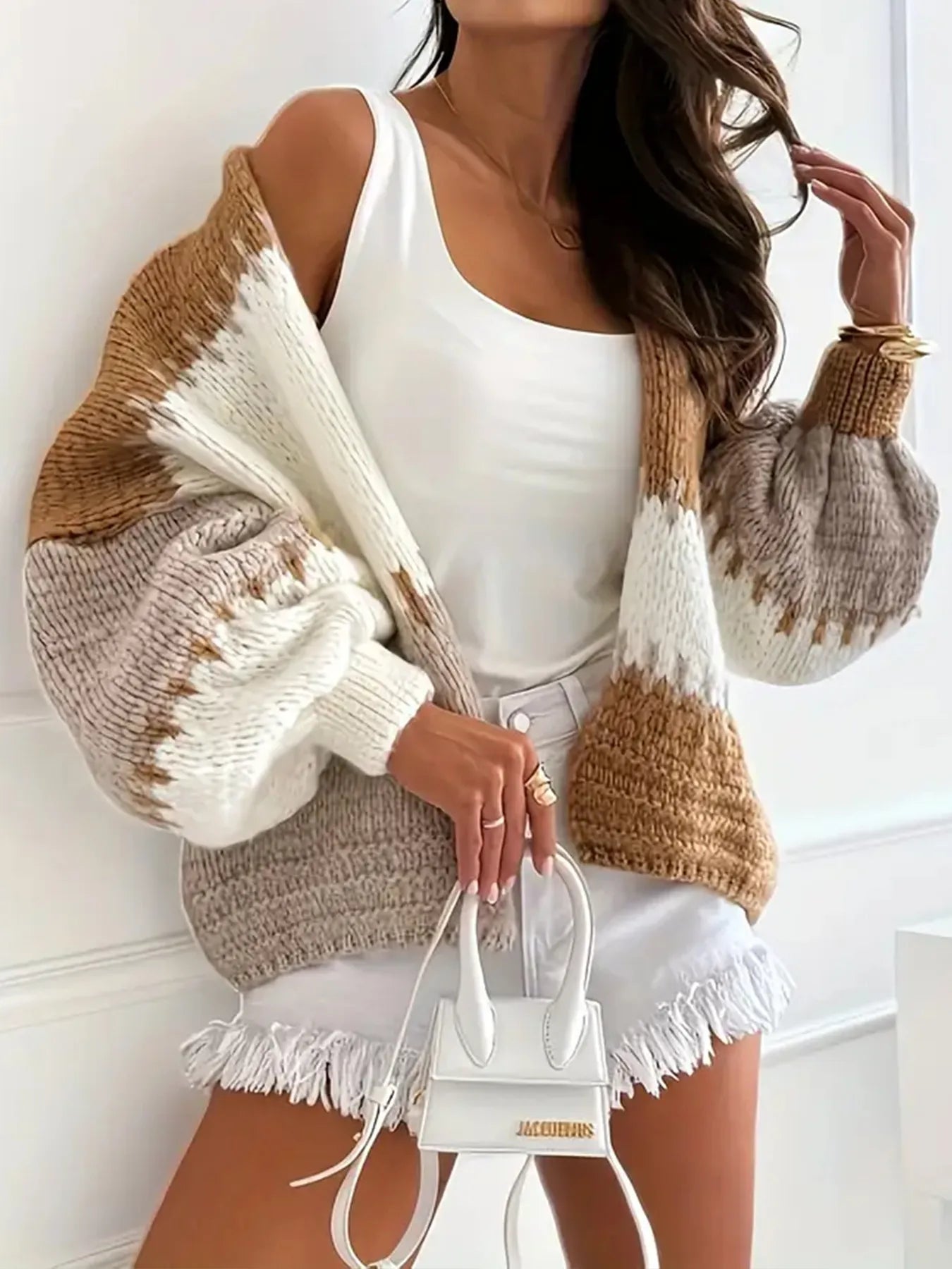 Color Block Drop Shoulder Cardigan - Fashorio