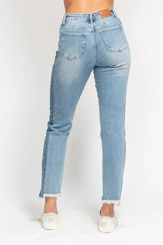Judy Blue Vintage Wash Side Panel Fray Hem Slim Jeans – Plus Size - Fashorio
