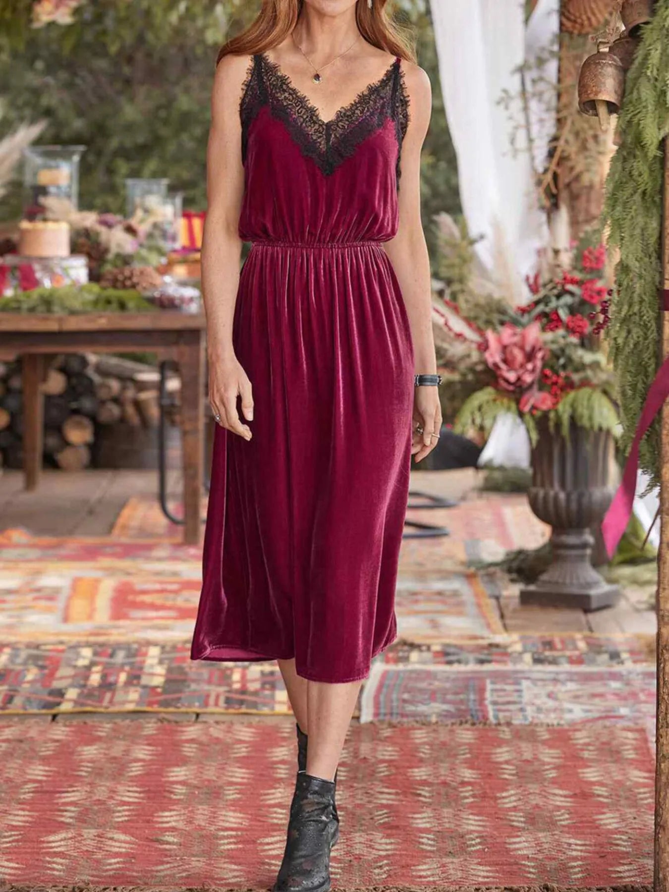 Velvet Cami Lounge Dress with Lace Trim - Fashorio