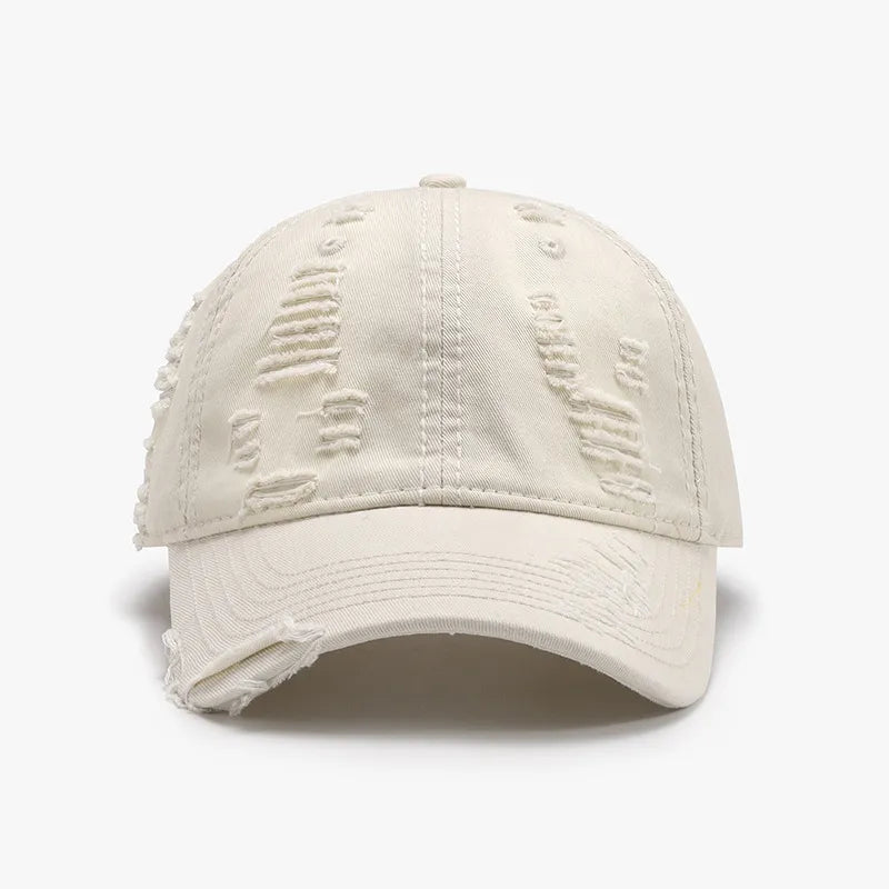 Distressed Adjustable Cotton Baseball Cap Ivory One Size - Fashorio
