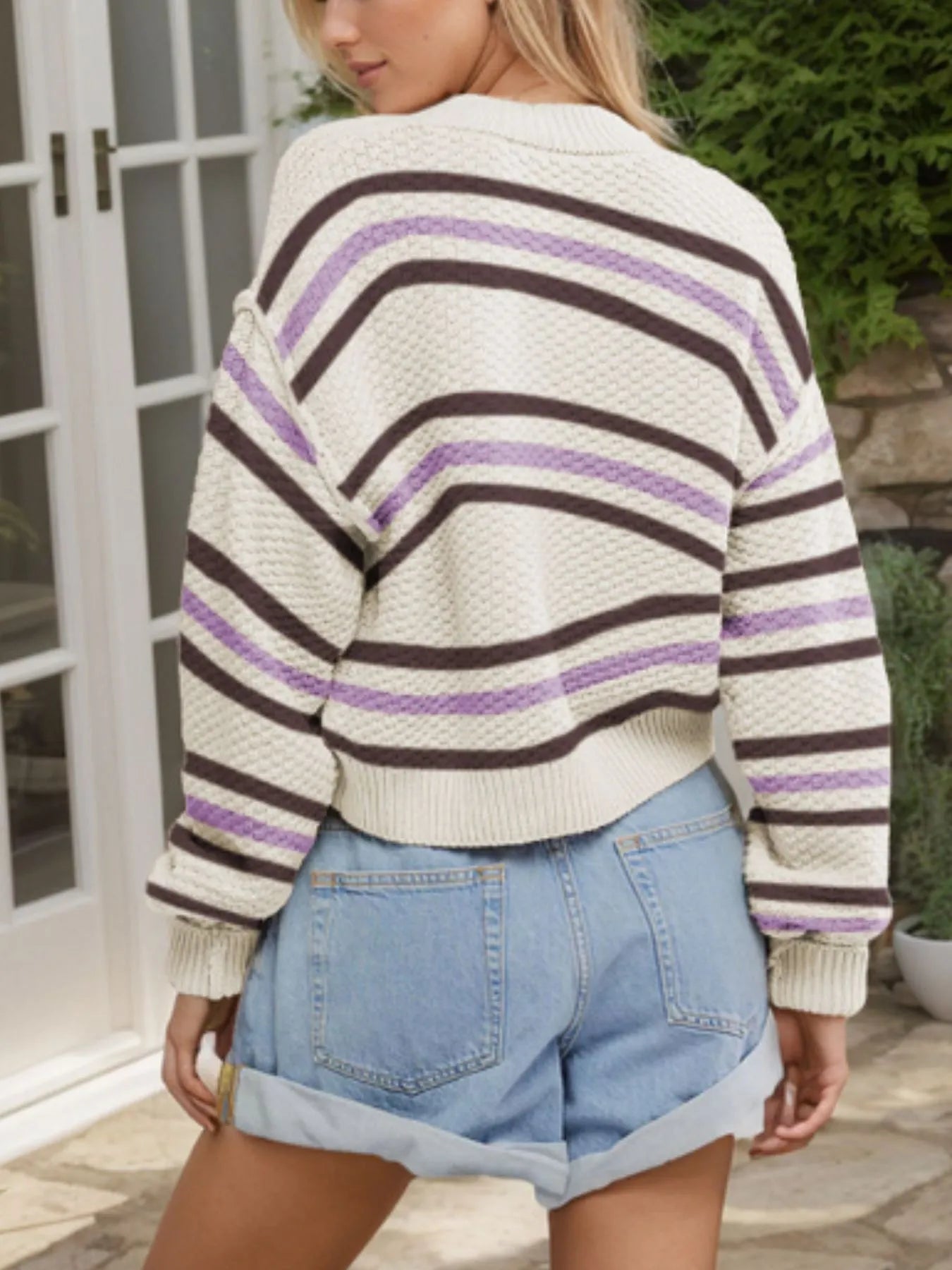 Striped Button-Up Cropped Cardigan with Relaxed Fit - Fashorio