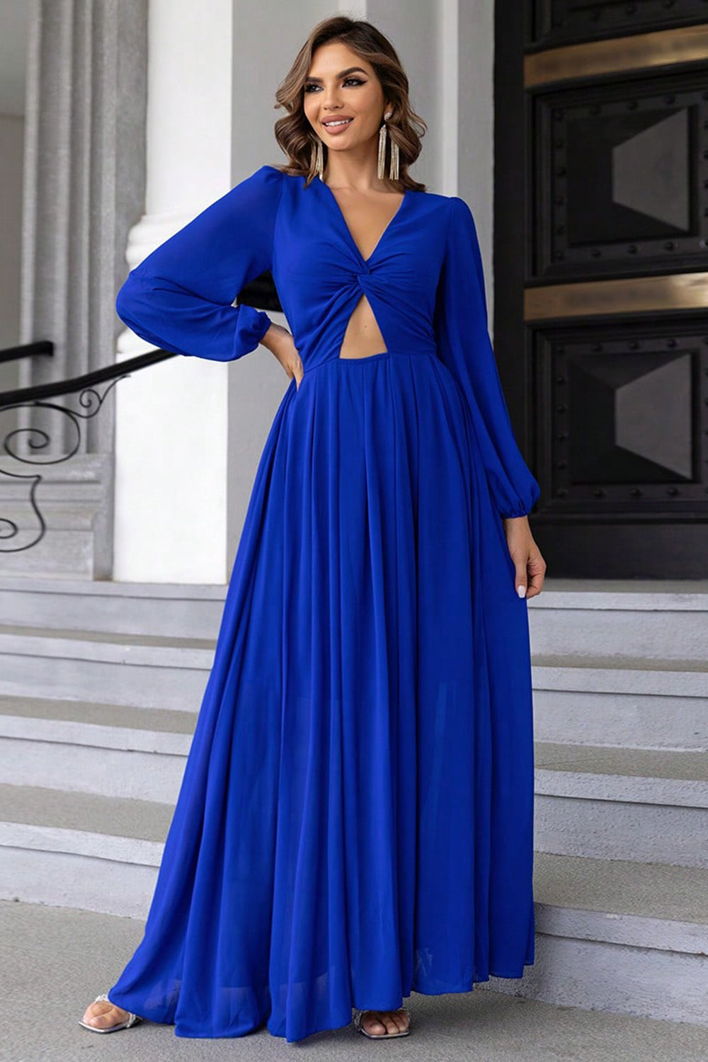 Twist Front Cutout Long Sleeve Dress - Fashorio