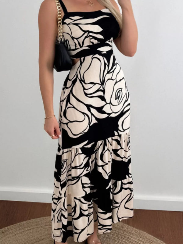 Cutout Back Printed Cami Dress Black - Fashorio