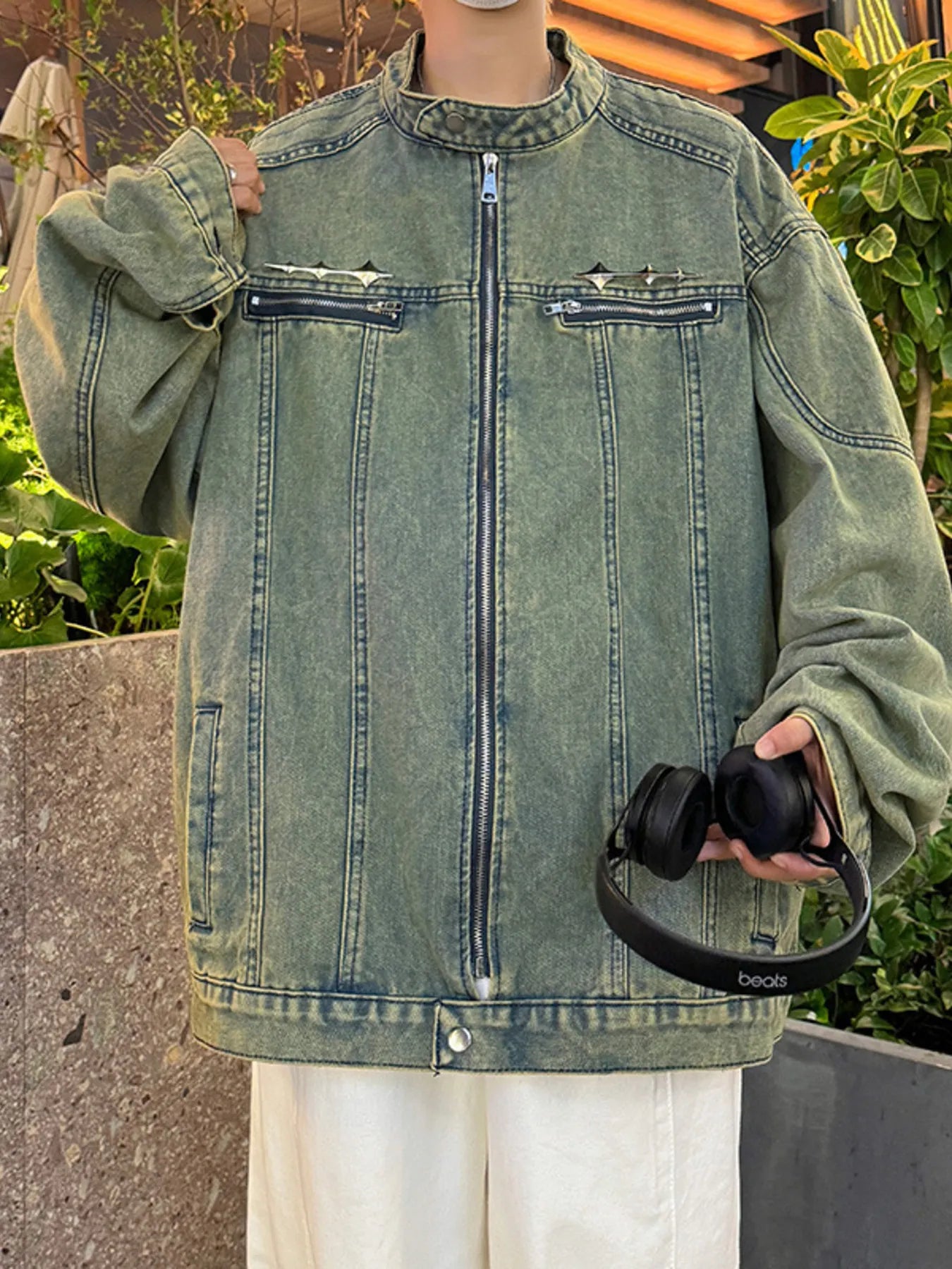 Men's Plus Size Zip Up Long Sleeve Denim Jacket Blue - Fashorio