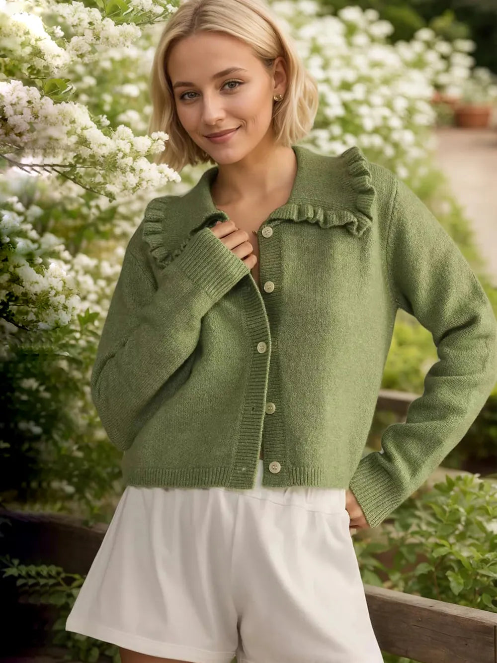 Frill Button Up Collared Neck Long Sleeve Cardigan Matcha Green - Fashorio