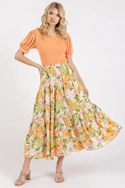 Mittoshop Flower Print Elastic Waist Tiered Skirt - Fashorio