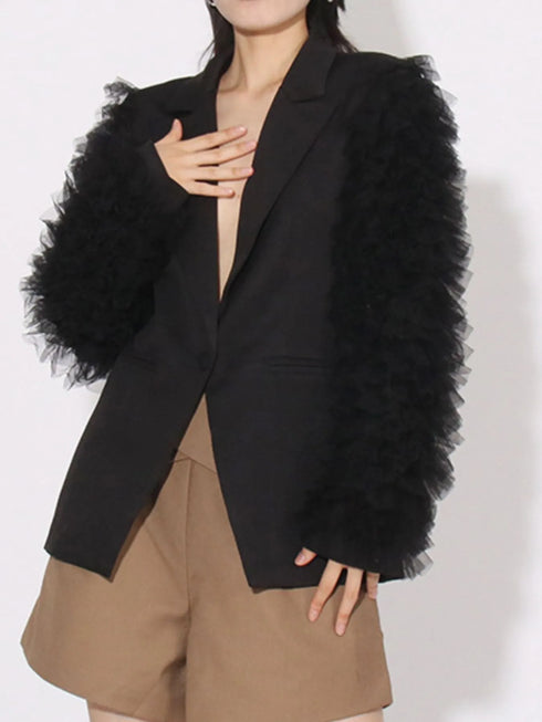 One Button Mesh Long Sleeve Blazer - Fashorio