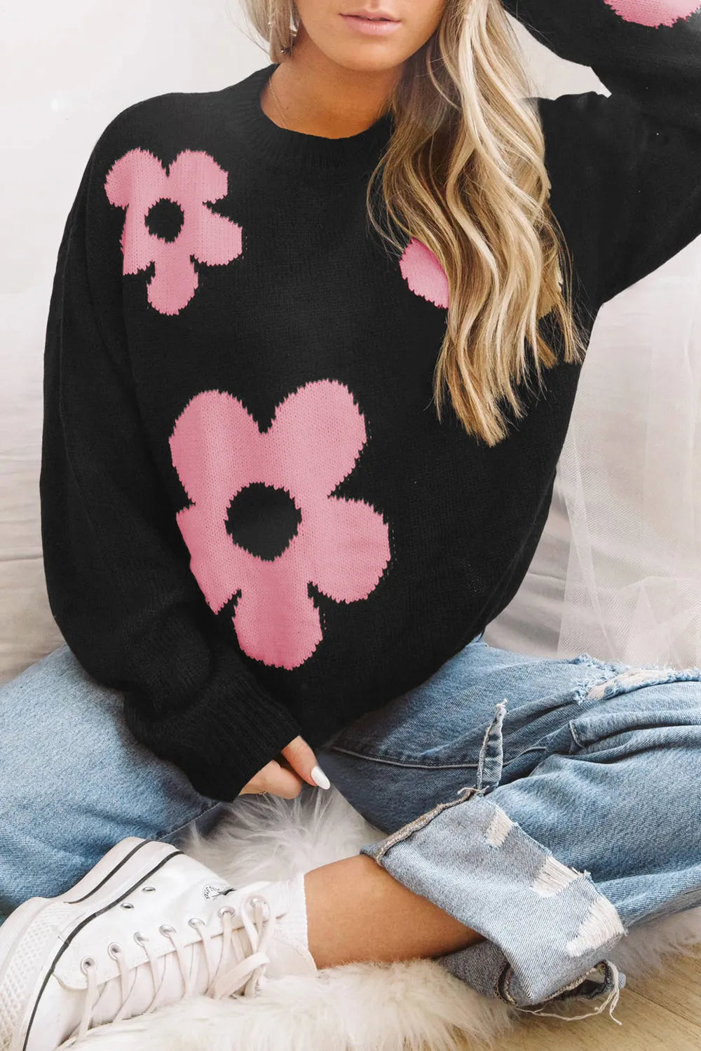 Round Neck Floral Pattern Color Contrast Design Long Sleeve Sweater Pink - Fashorio