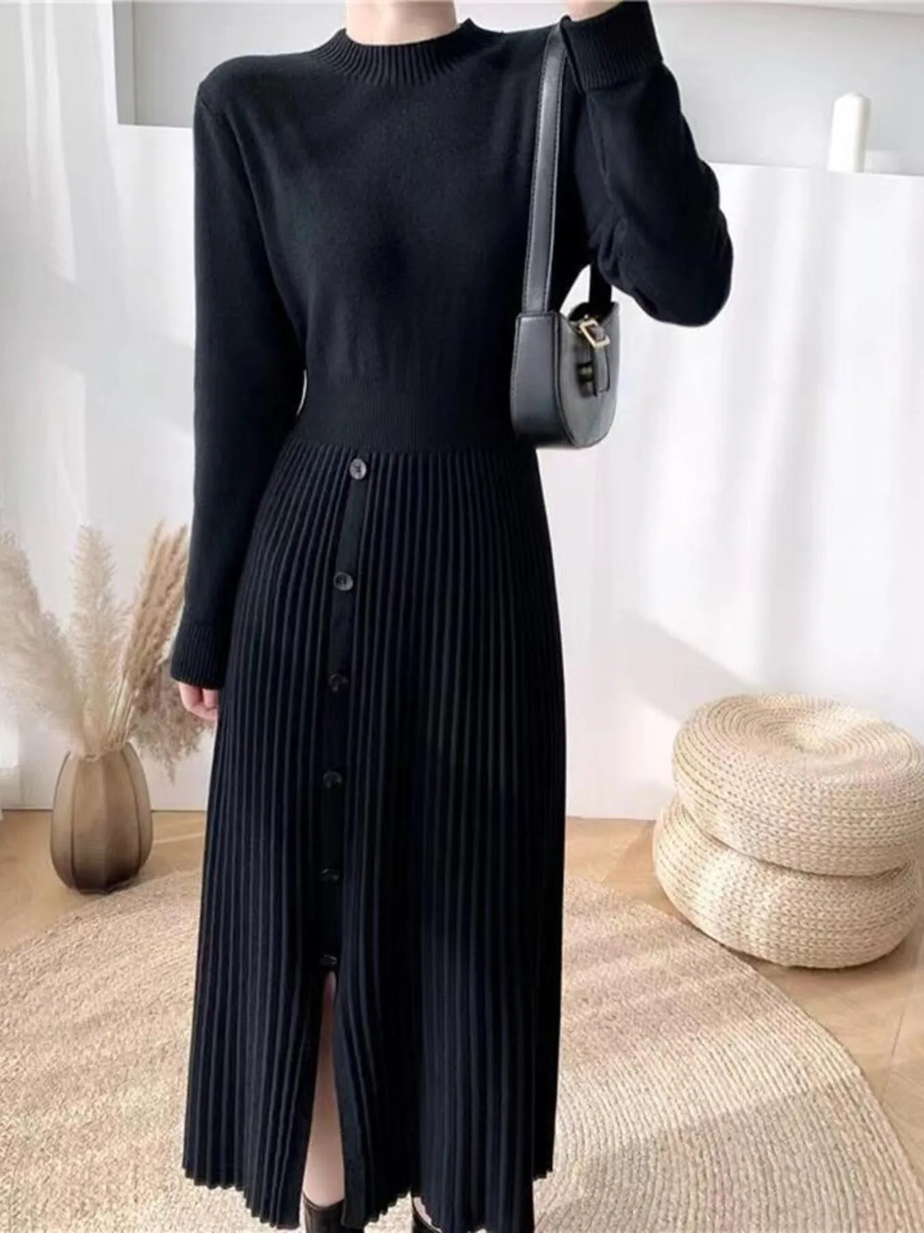 Slit Front Mock Neck Long Sleeve Knit Dress - Fashorio