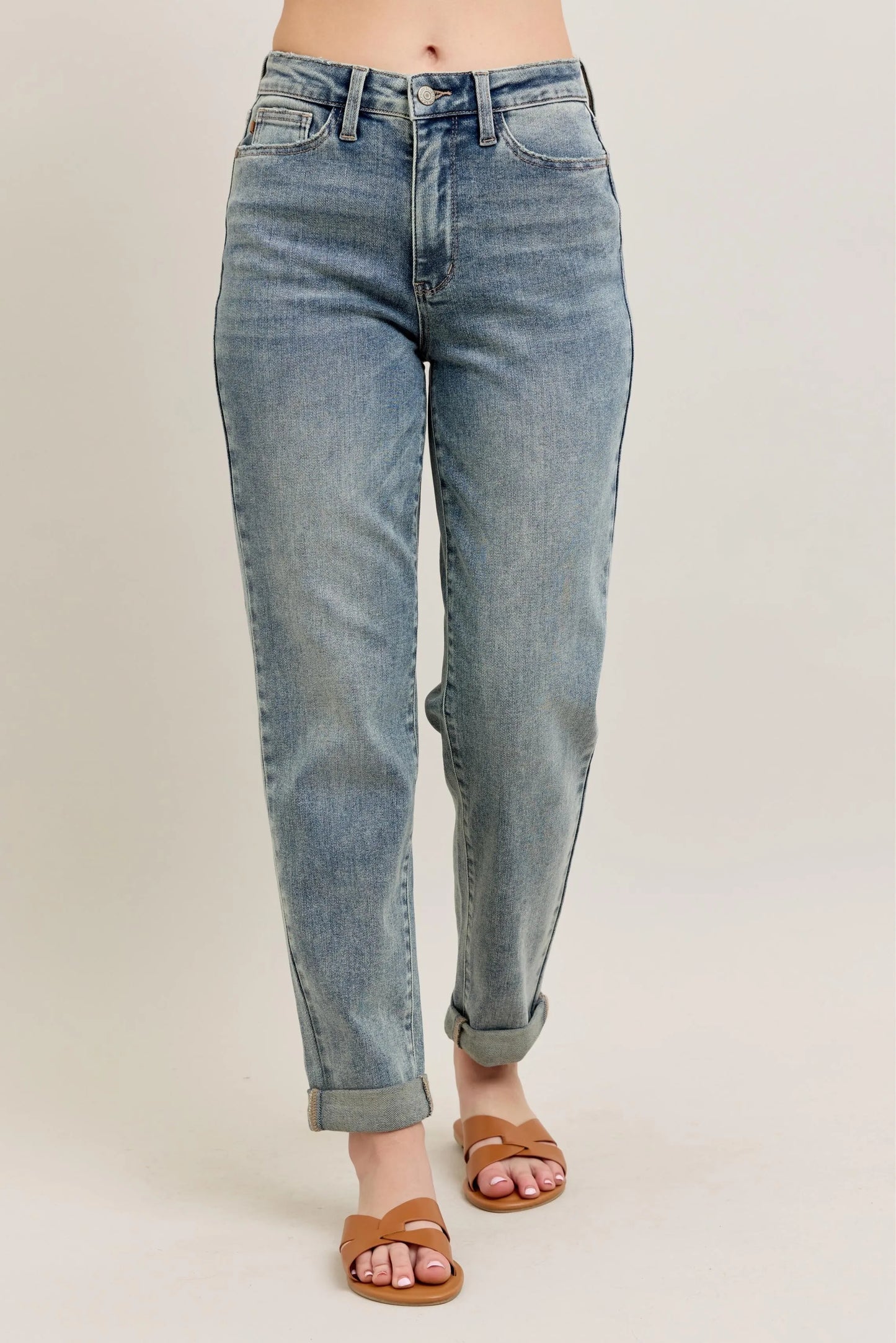 Judy Blue Full Size Hw Vintage Wash Double Roll Cuff Bf Jeans Plus Size - Fashorio