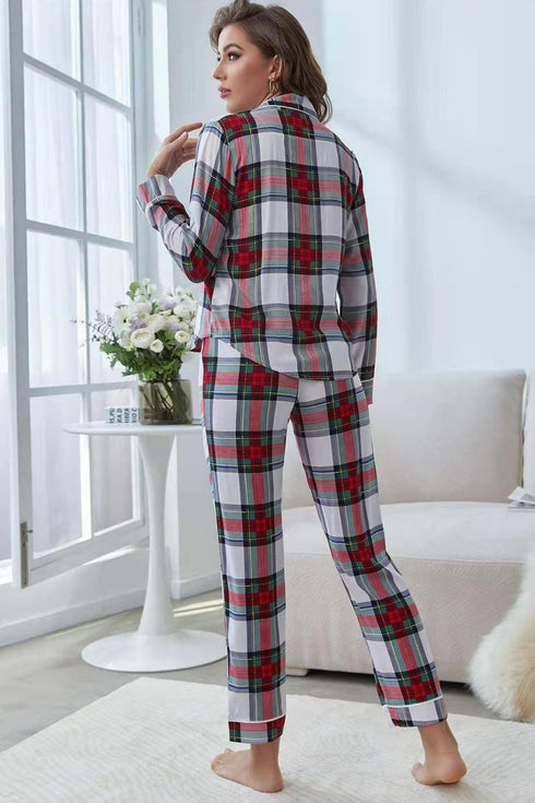 Plaid Button Front Top and Pants Lounge Set - Fashorio