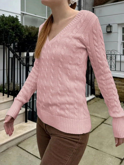 Cable Knit V-Neck Sweater - Fashorio