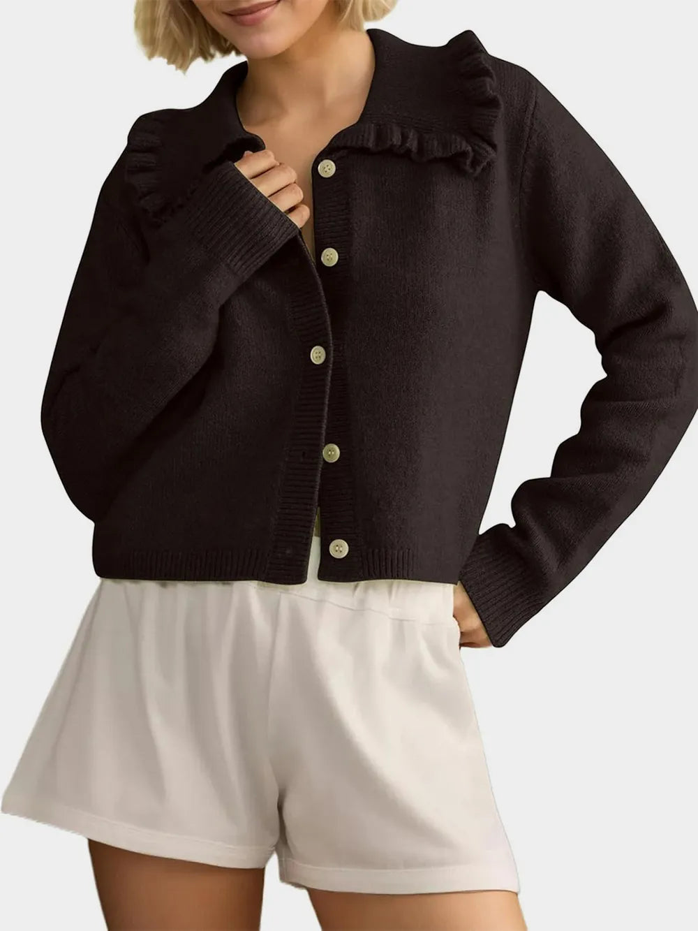Frill Button Up Collared Neck Long Sleeve Cardigan Black - Fashorio