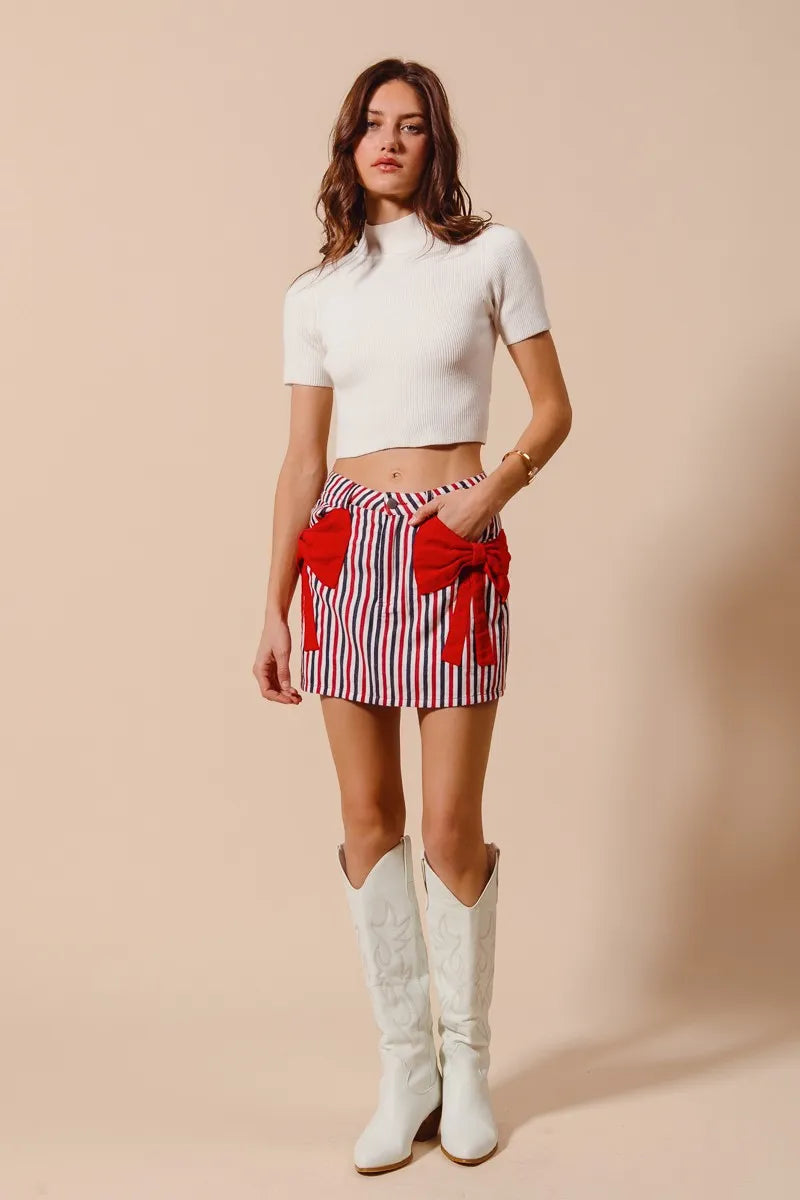 SO ME Contrast Bow Knot Pocket Fourth Of July Denim Skirt - Fashorio