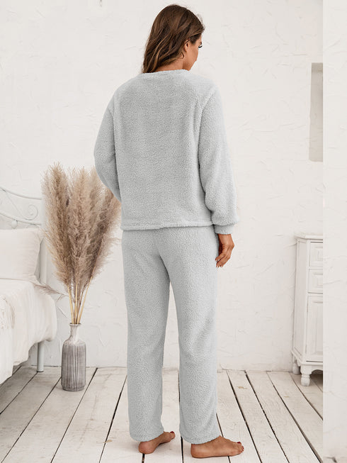 Ivy Lane Teddy Long Sleeve Top and Pants Lounge Set - Fashorio