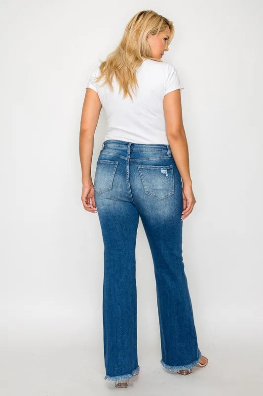 bytos Full Size Raw Hem Distressed High Rise Bootcut Jeans - Fashorio
