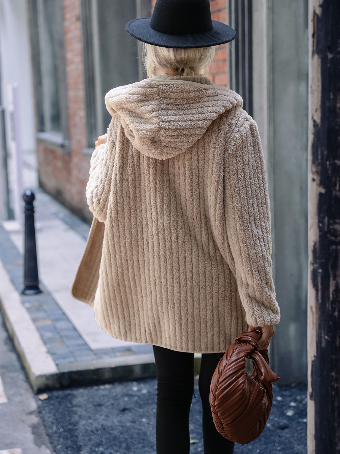 Open Front Ribbed Hooded Coat - Fashorio