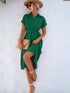 Buttoned Tie Waist Short Sleeve Dress Green - Fashorio