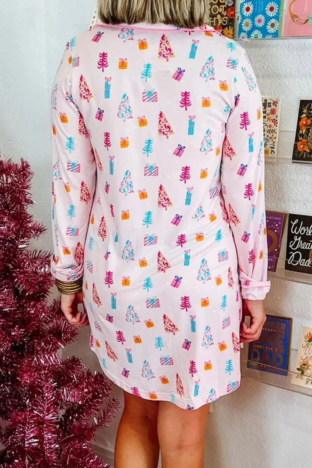 Printed Collared Neck Long Sleeve Lounge Dress - Fashorio